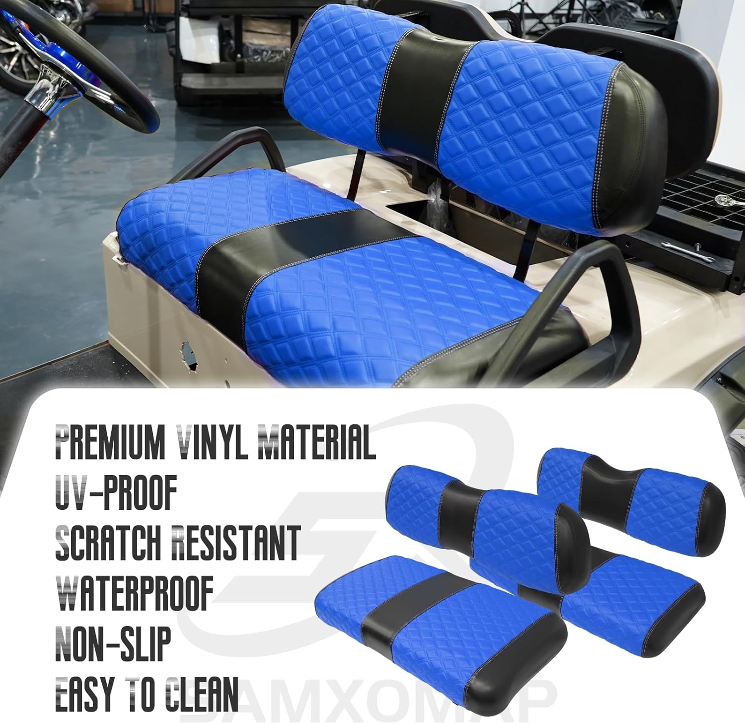 Golf Cart Front and Rear Seat Covers Waterproof and Sun Resistant Marine Grade Vinyl Leather Seat Cover Accessories for Club Car DS 2000.5-up,Blue(4PCS)