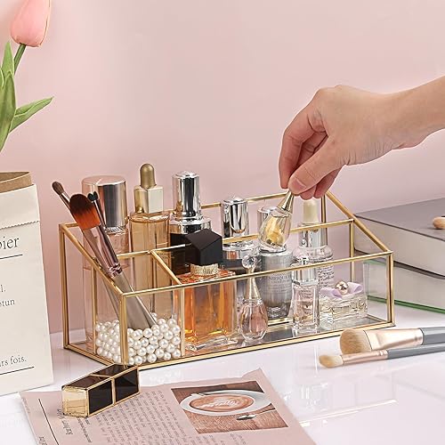Miniatura 9 de Hipiwe Organizador de maquillaje para encimera, vitrina de cosméticos de vidrio dorado, soporte de almacenamiento de tocador de 3 ranuras,