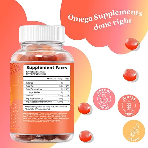 Miniatura 5 de BeLive Gomitas orgánicas Omega 3  Omega 3 6 9 7 DHA y EPA de aceite de linaza y aceite de fruta de espino cerval de mar, veganas, para niños y