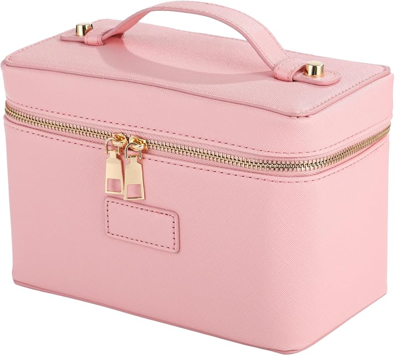 Necessaire de maquiagem OMISTAR com divisórias removíveis, fechamento com zíper, PU, rosa