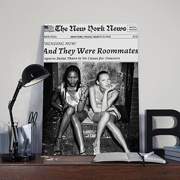 9W Black And White Trendy Newspaper Poster Art Print And They Were Roommates Vintage New York Time Newspaper Wall Art Decor For Bar Cart Women Or Girl Dorm Room Bedroom Living Room