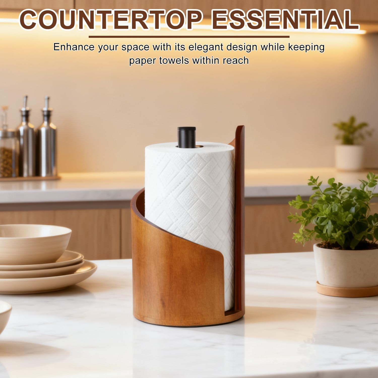Paper Towel Holder - 100% Natural Wood, Wooden Wood Stand with Iron Base, Wooden Paper Towel Holder for Kitchen, Desktop, Cabinet (Brown)