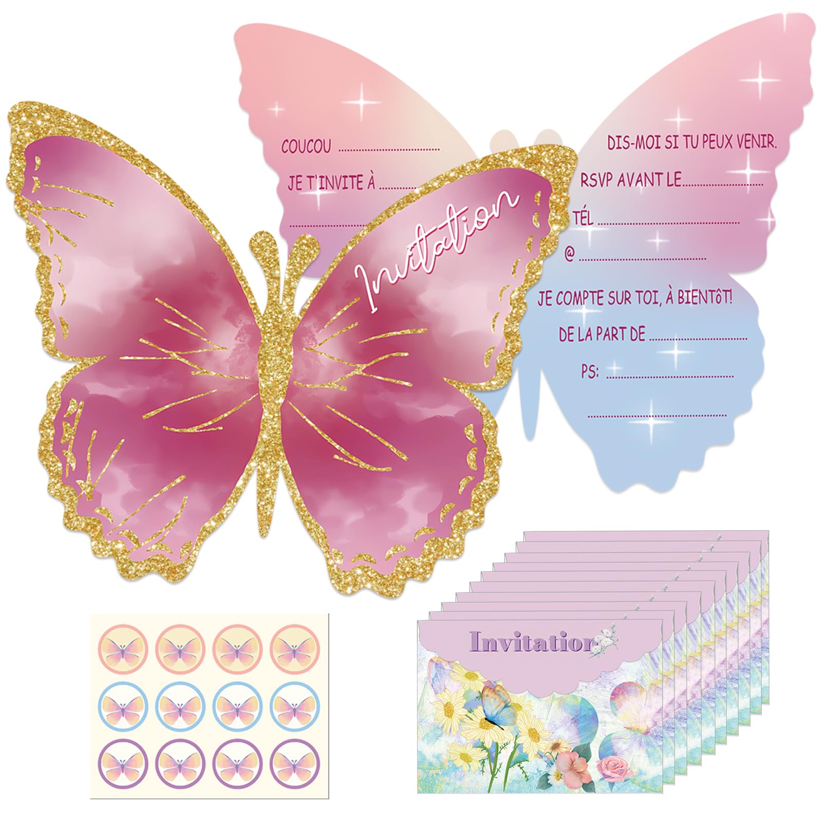 Invitaciones De Cumpleaños Con Mariposas - 12 Tarjetas + Sobres + Pegatinas Para  Fiesta Infantil De Niñas, image size:1600x1600