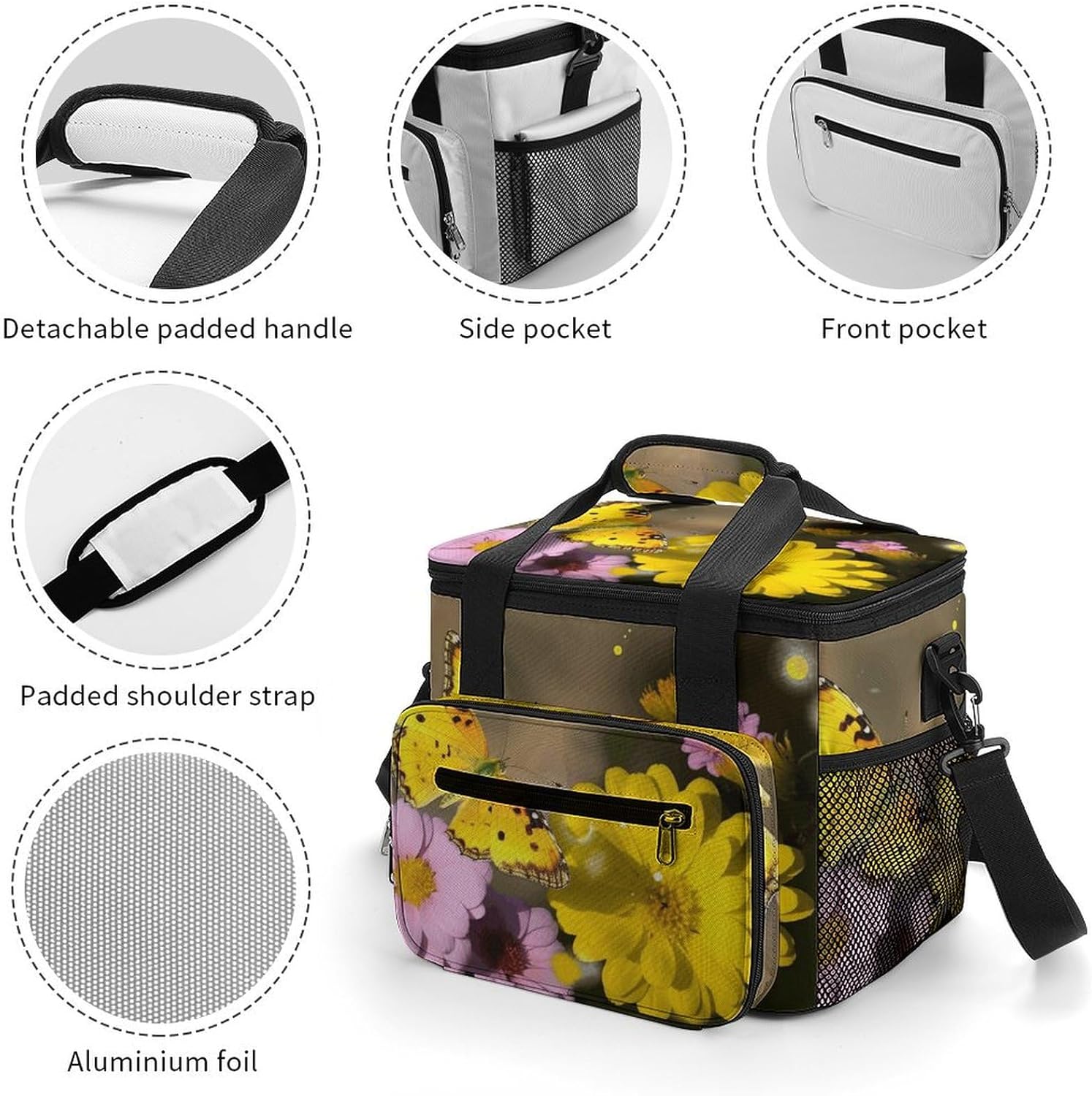 Camping Ice Pack, Yellow Butterfly and Flower Print Cooler Bag, 22.5L Large Capacity Insulated Lunch Tote Bag for Outdoor, Picnic, BBQ, Travel, Work