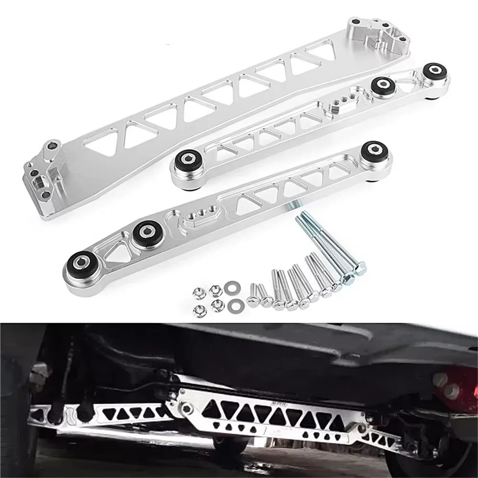 Srebrny kęs aluminiowy wspornik tylnej ramy pomocniczej + drążek ściągający + tylny dolny wahacz kompatybilny z Honda Civic EG 92-95 części podwozia akcesoria