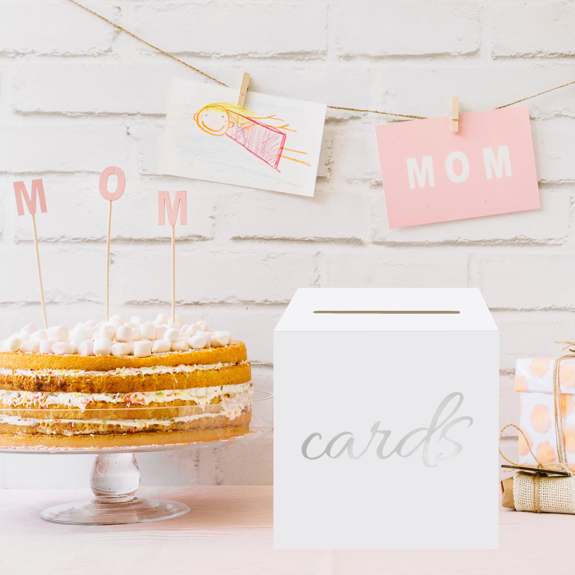 sunepany White Graduation Card Box for Party Wedding Baby Bridal Shower Funeral Birthday Anniversary Retirement Decorations Gift Card Holder Silver Raffle Ticket Box with Slot