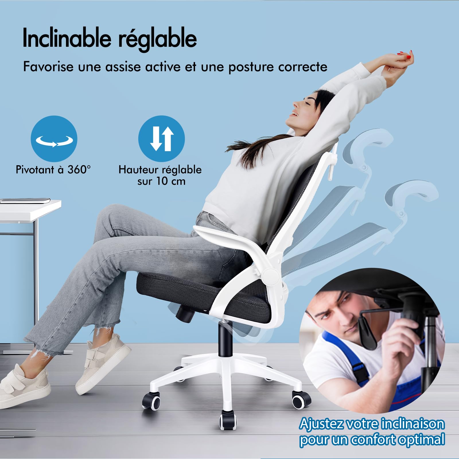 ALFORDSON Chaise de Bureau Ergonomique avec Support Lombaire Dynamique, Accoudoir Rabattable, Blanc