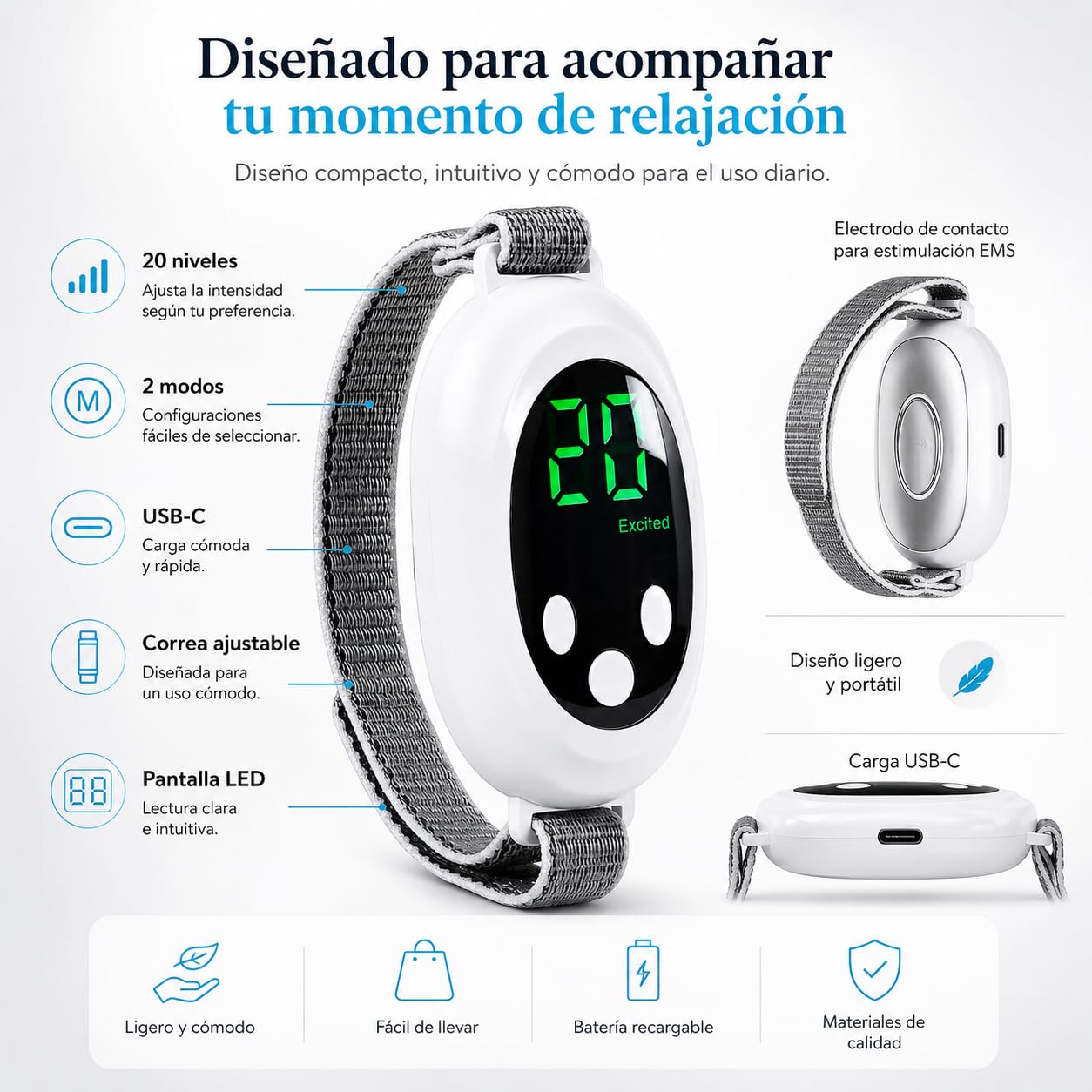 Dispositivo para Dormir y Relajarse, Masajeador de Mano EMS Antiestrés | 20 niveles de intensidad, modos Sleep y Excited, correa ajustable, autoapagado y formato portátil
