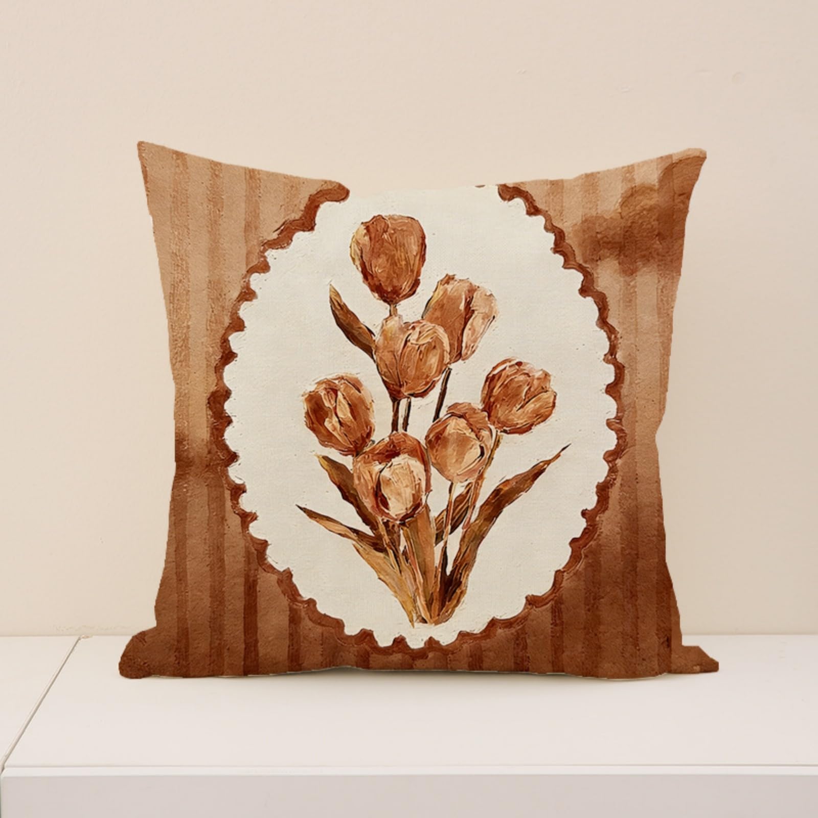 Cushion Covers 40cm x 40cm Chocolate Color Flower Sofa Cushion Cover Linen with Invisible Zippers,Throw Pillow Covers for Bedroom Home Decor