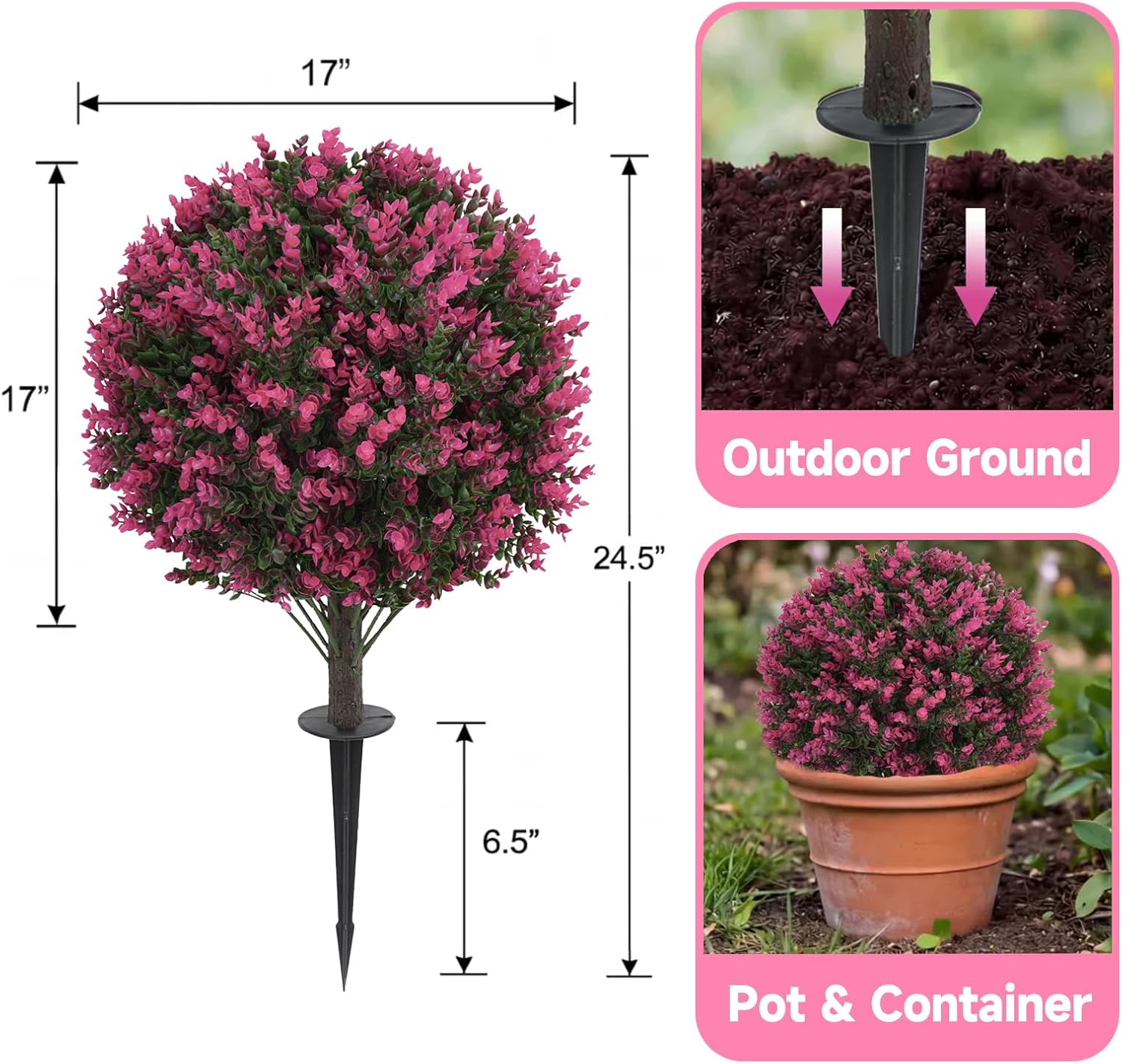 Artificial Red Eucalyptus Topiary Ball Trees 24", Lush Dense Foliage Fake Plants Pair with Ground Spike, UV Resistant Faux Evergreen Plants for Outdoor Indoor Planters Front Porch