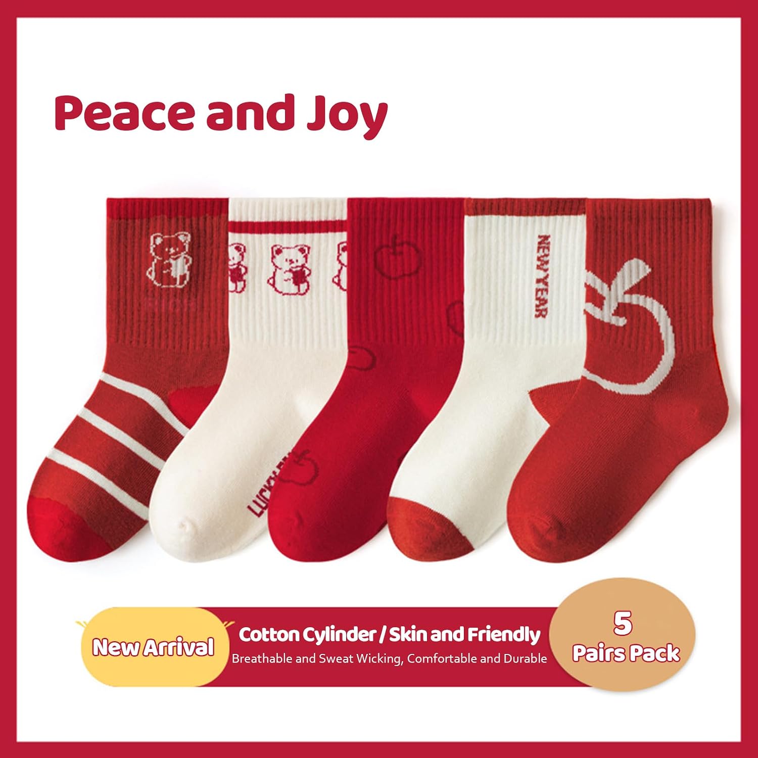Kids Socks Crew Socks Mid-Calf Cartoon Red China New Years or Christmas Festive Socks for Kids