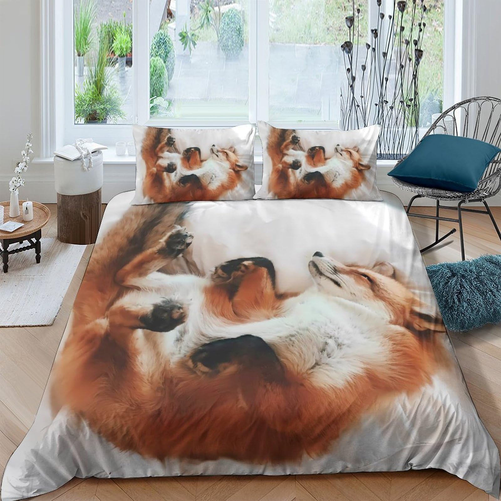 GPLZQXKJNH 3D Printed Fox Animal Duvet Cover Microfiber Soft Breathable Forest Bedding Set with 2 Pillowcases for Bedroom Decor, Single（135x200cm）