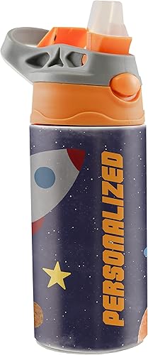 Astronaut Outer Space - Botella de agua pequeña de 12 onzas con popote de silicona desplegable - Personaliza con nombre - Aislamiento de acero