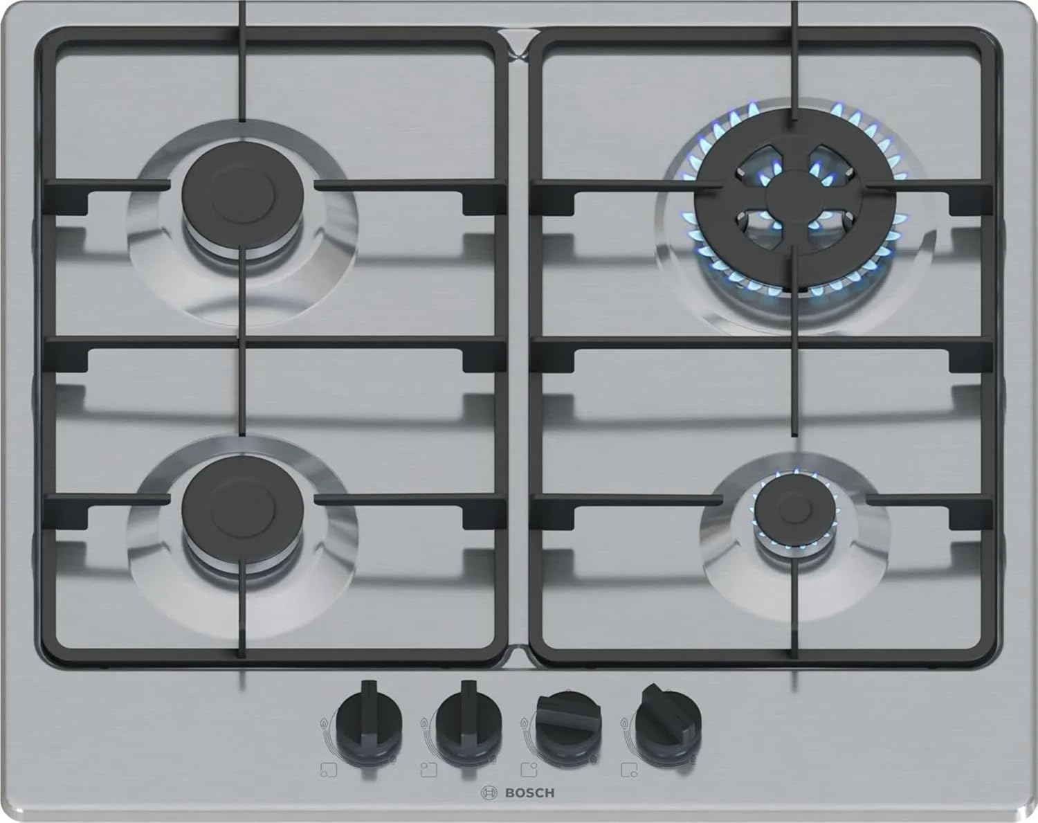 Bosch PGH6B5K60 Series 4, Gas Hob, 4 Burners, WOK Burner, Cast Iron Grills, Steel, 60 cm