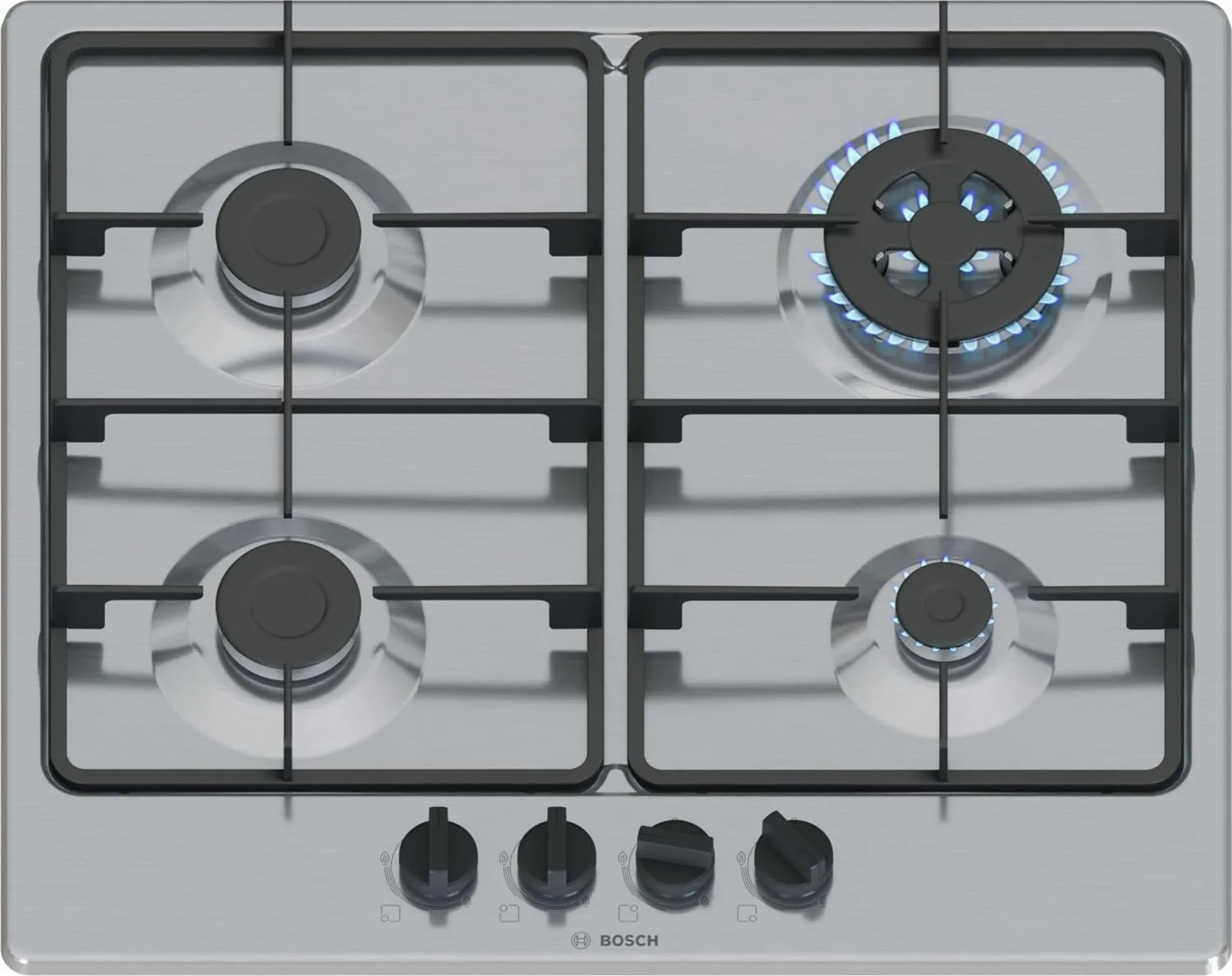 Bosch PGH6B5K60 Series 4, Gas Hob, 4 Burners, WOK Burner, Cast Iron Grills, Steel, 60 cm