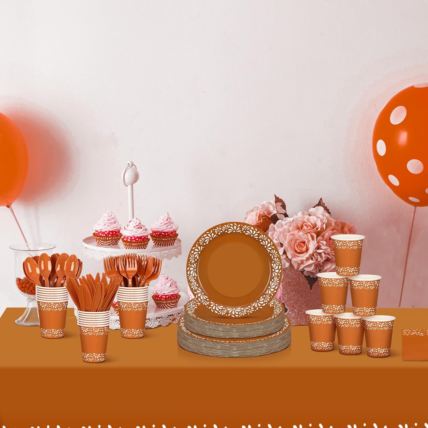 Havawish 177 Pcs Cielito Lindo Party Decoration Platos De Barro Mexicanos Fiesta Tableware Set Mexicanos Talavera Plates Cups Napkins Tablecloths Baby Shower(Terracotta Color,White Flower)