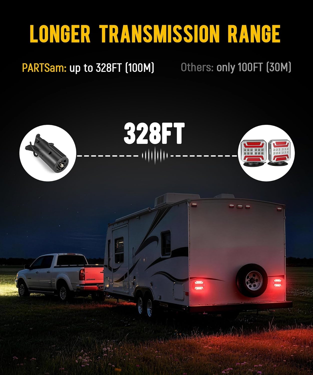 Partsam Wireless Trailer Light Kit 328FT Magnetic LED Square Portable Stop Turn Tail Lamp w/Strobe Function 7-Pin Plug Rechargeable 12-24V for Towing Trailers Trucks RVs Tractors