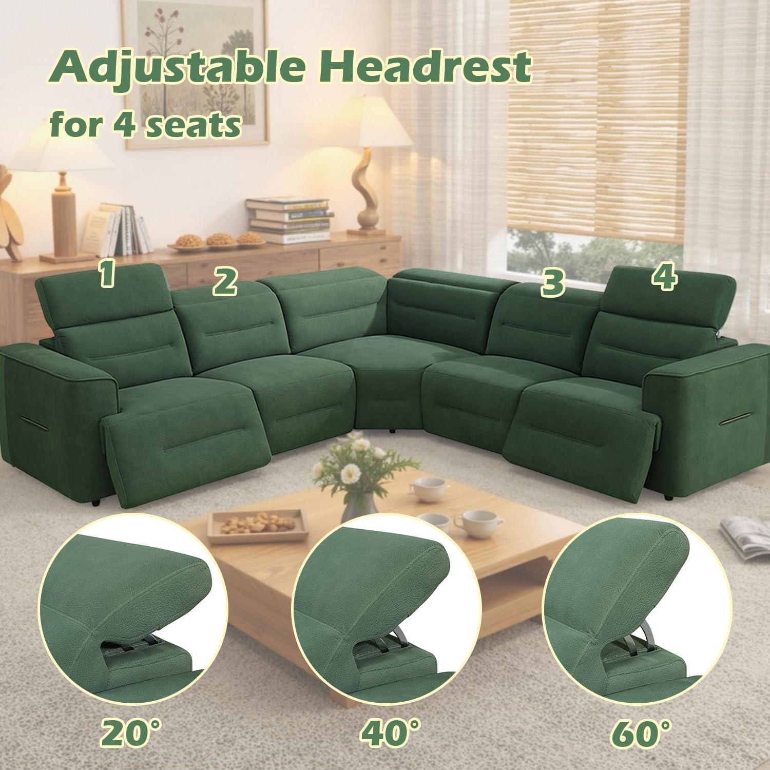 Power Reclining Sectional Sofa Set with USB Ports & Adjustable Headrest, 4-Seater L-Shaped Flannel Recliner Sectional Couch for Living Room,Green