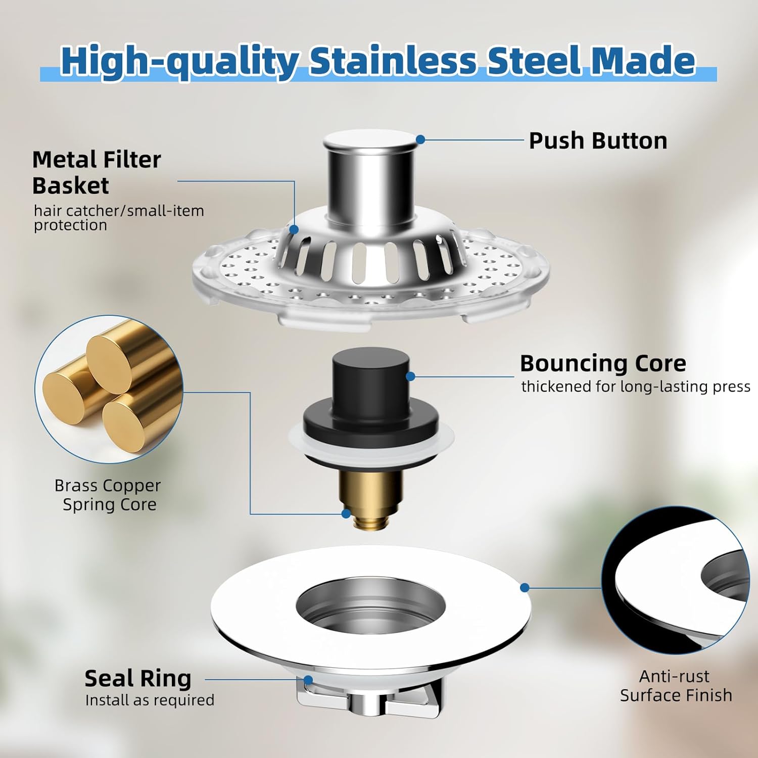 Metal 2 Pack Bathtub Drain Stopper with Top Hair Catcher, Visible Top Strainer Tub Stopper, Upgraded 3 in 1 Pop-up Drain Plug Fit for 1.5 to 2.4" Hole, Stainless Steel Filter Basket