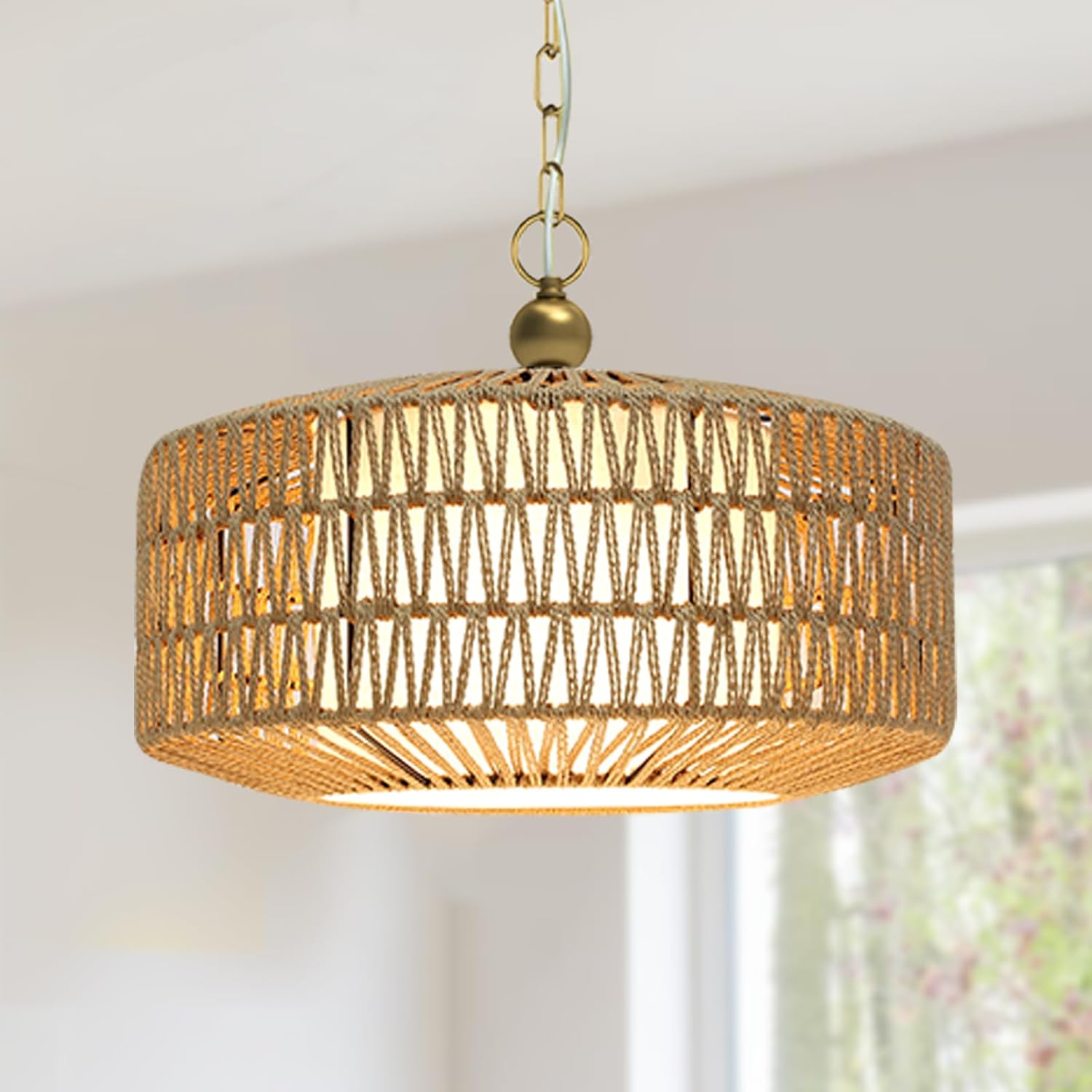 Rattan Chandelier, 3-Lights Boho Large Pendant Light, Hand Woven Basket Pendant Chandeliers for Dining Room Living Room Kitchen Island Bedroom Foyer, Height Adjustable (Gold)