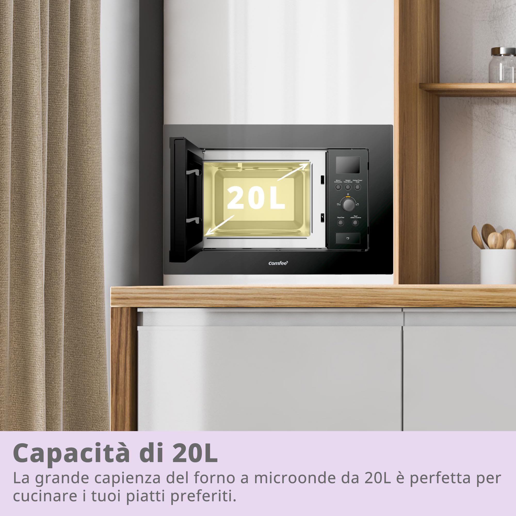 COMFEE' Forno a Microonde da Incasso Digitale, 20 Litri, 800W, Grill, 5 Livelli di Potenza, 8 Menù automatico, Funzione Defrost Rapido, Nero- CBMAG820BJL-BK