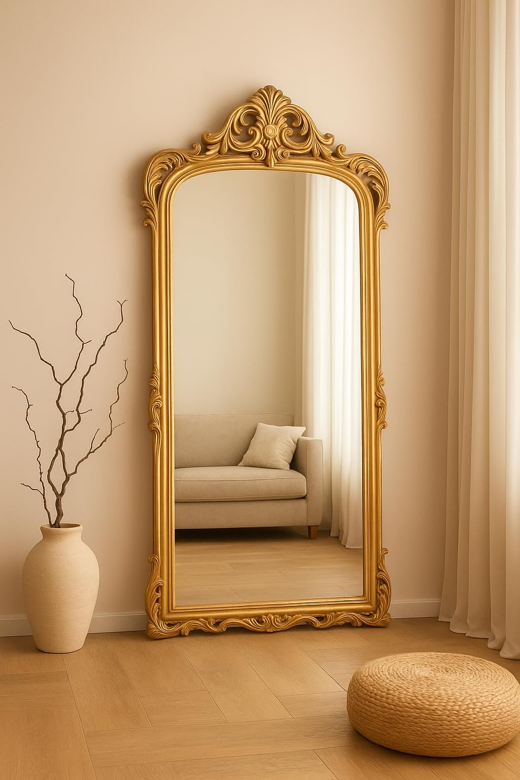Vintage Full Length Floor Mirror, Gold, Baroque Style Wooden Frame, Standing Wall Mount, Ornate Victorian Design with Decorative Carved Crown || Without Mirror || 60x30 Inches ||-image-7