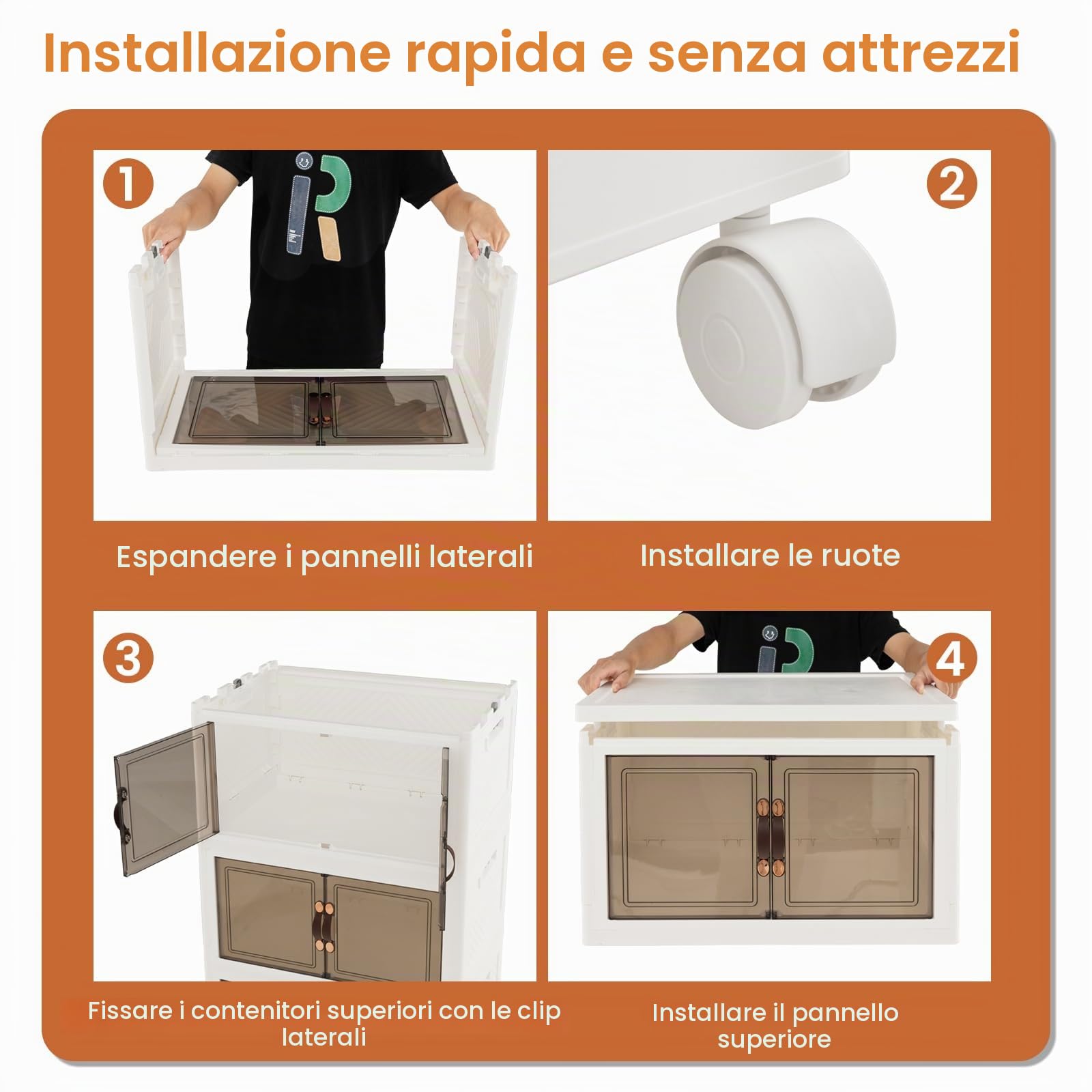 GIANTEX Scatole di Stoccaggio Pieghevole, Contenitori in Plastica, Scatola Portaoggetti con 4 Ruote, Scatole Impilabili con Ante, Ogni Piano Regge 5 kg (L-Set di 4)