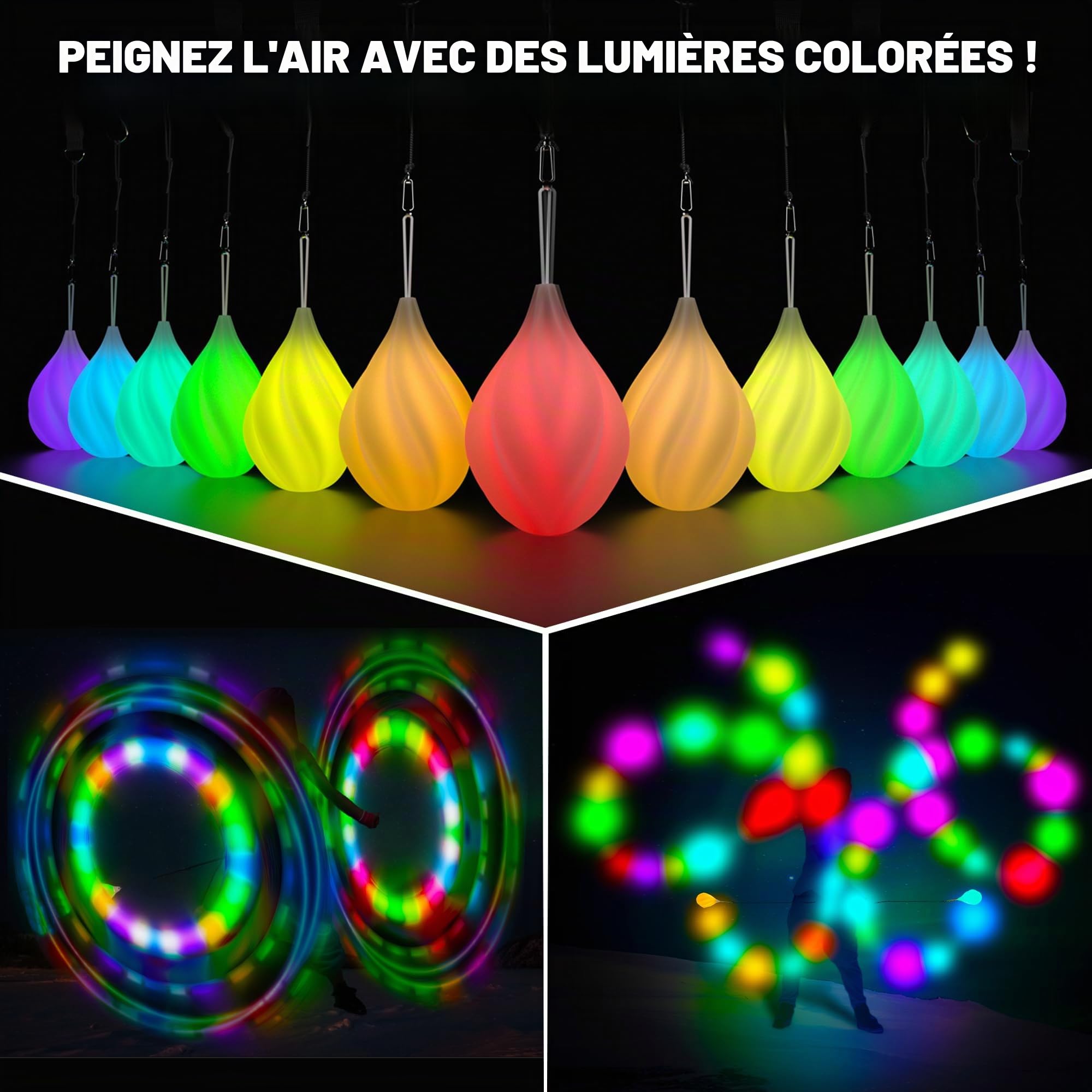 LED Poi Lumineux 2 Pièces - Bolas Lumineuse pour Jonglerie et Cirque, Kit Multicolore Débutants Professionnels