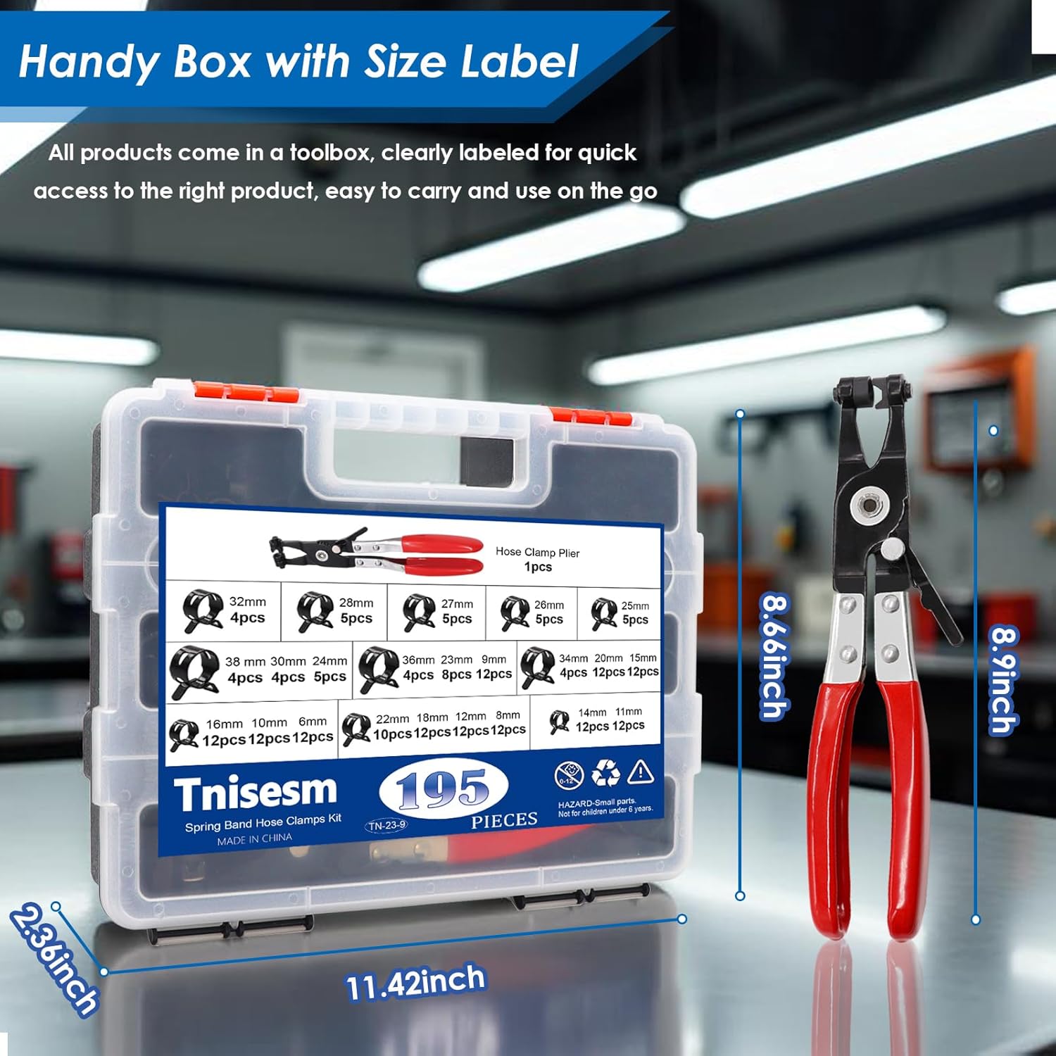 Tnisesm 195Pcs 6-38mm Spring Band Hose Clamps Assortment kits with Swivel Flat Fuel Hose Clamp Plier - 23 Sizes Silicone Vacuum Hose Pressure Air Clip Clamp