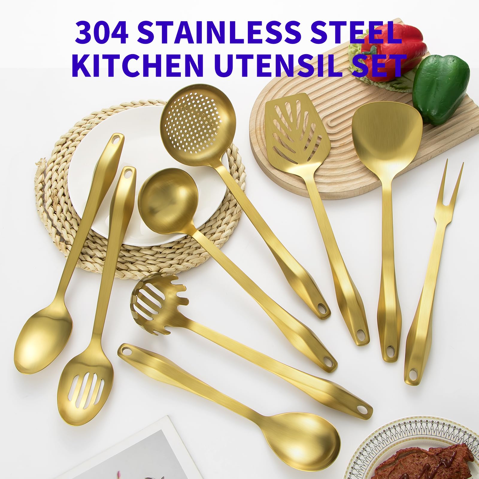Küchenhelfer-Set aus 304 Edelstahl, 9-teiliges Kochutensilien-Set, Metall-Küchenhelfer-Set, Kochgeschirr, hohe Temperaturbeständigkeit, Küchenwerkzeug-Set zum Aufhängen, spülmaschinenfest (Gold)