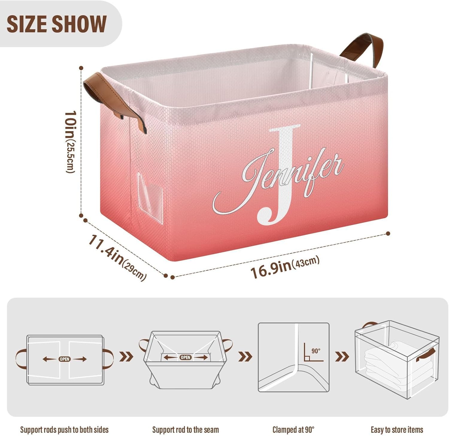 Custom Pinks Gradient 2 Pack Fabric Storage Bins for Shelves Personalized Cube Storage Bin Basket Storage Cubes with Handle Under The Bed Storage Bins for Home Closet Clothes Office