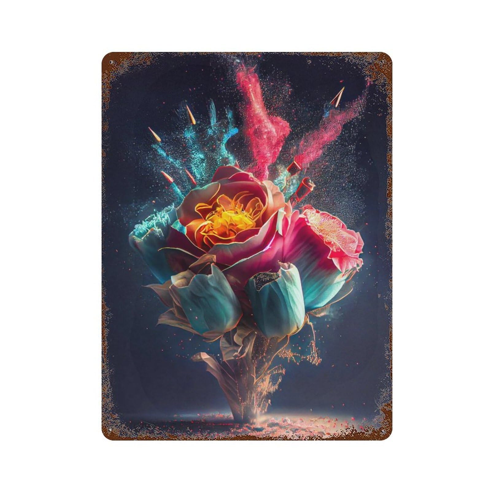 Colorful Flower Explosion Art Weathered Tin Sign 15.7"x11.8", Farmhouse Wall Decor for Garage, Pub Or Kitchen