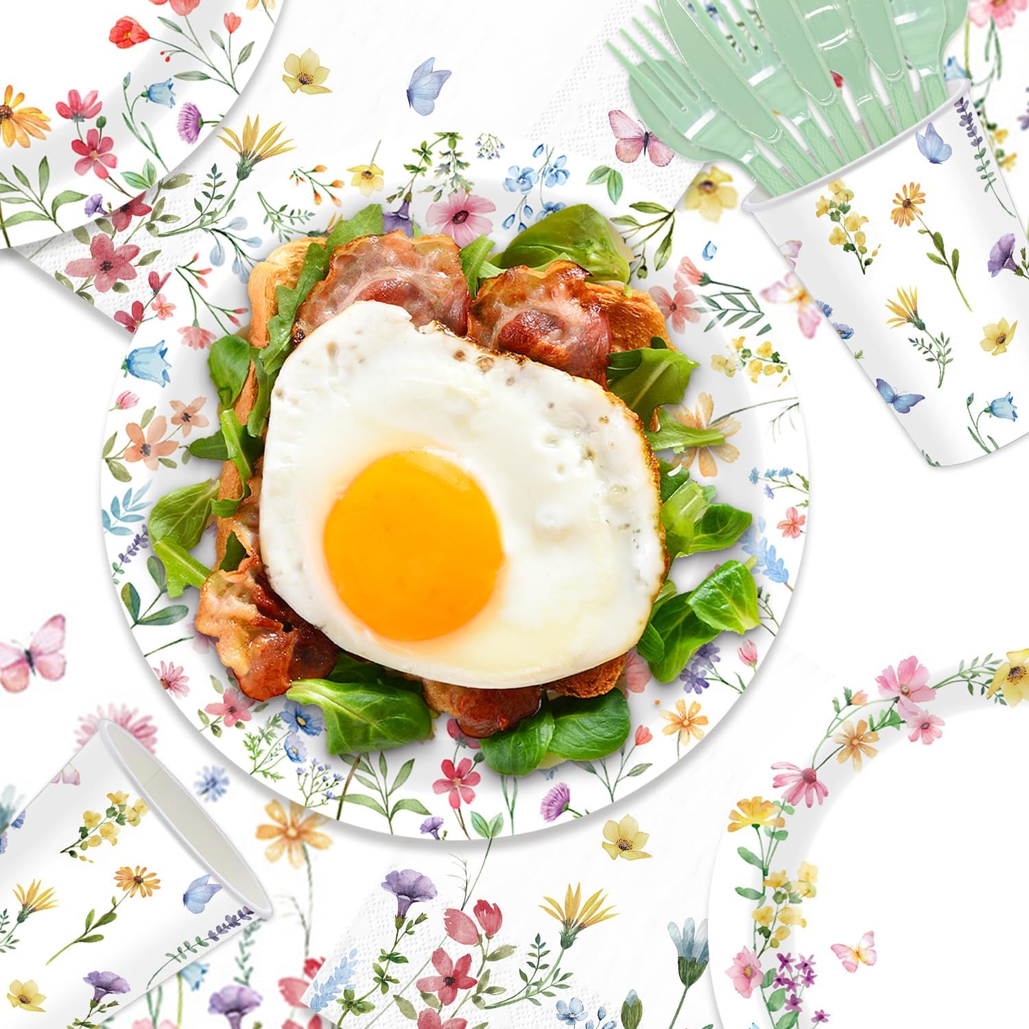 141PCS Wildflower Party Decorations Spring Floral Baby Shower Birthday Decorations - Include Plates and Napkins Forks Cups Straws Tablecloch for Wildflower Baby Shower Decorations Serves 20 Guests - Image 6