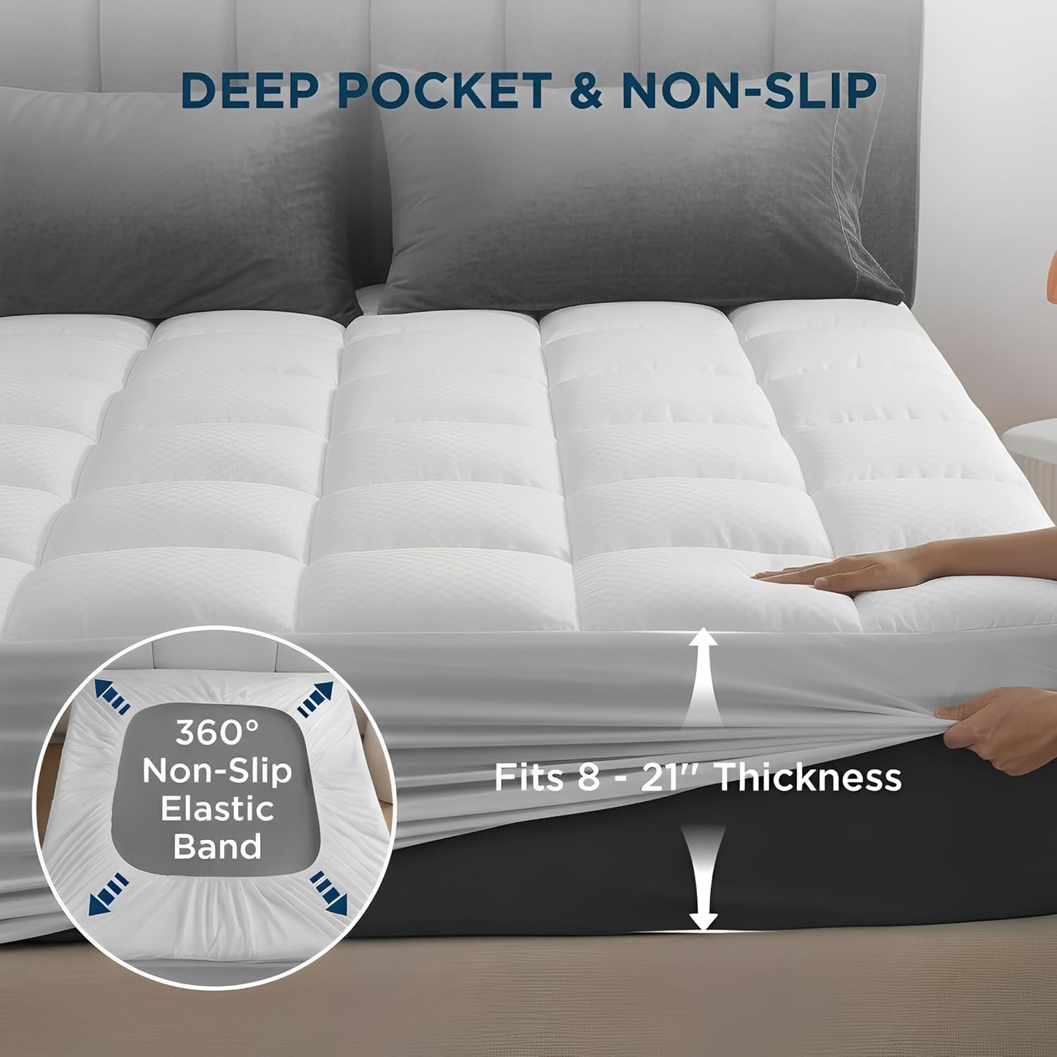 Queen Size Quilted Fitted Mattress Pad with Deep Pocket 8-21" - Cooling Breathable Pillow Top Mattress Topper & Protector, Machine Washable, White, 60x80 Inches