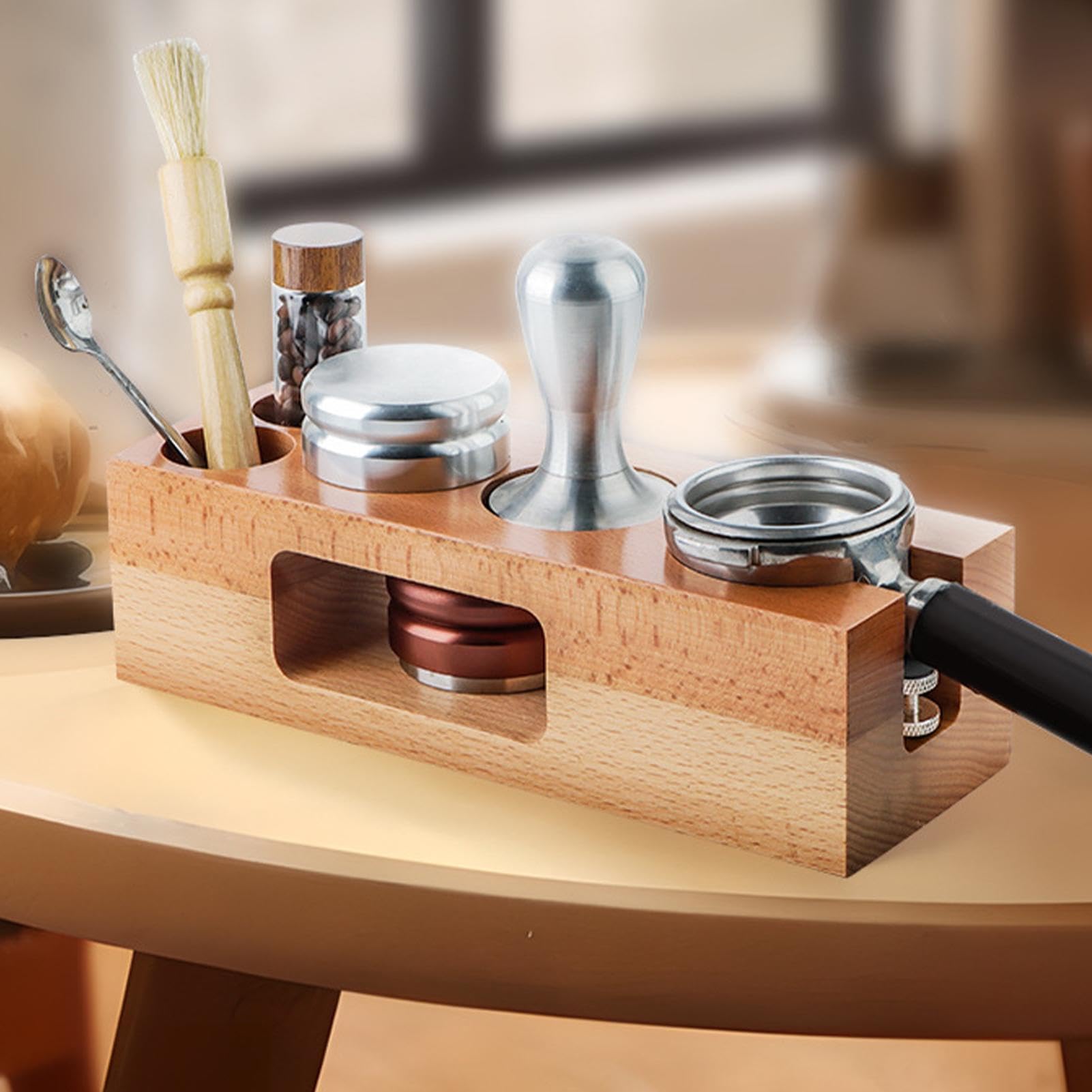Stacja do tampowania 58 mm Drewniana Naturalna Stacja Wielofunkcyjna | Akcesoria do ekspresu Espresso do kawiarni domu kuchni blatu kącika kawowego porannego codziennego parzenia przechowywania