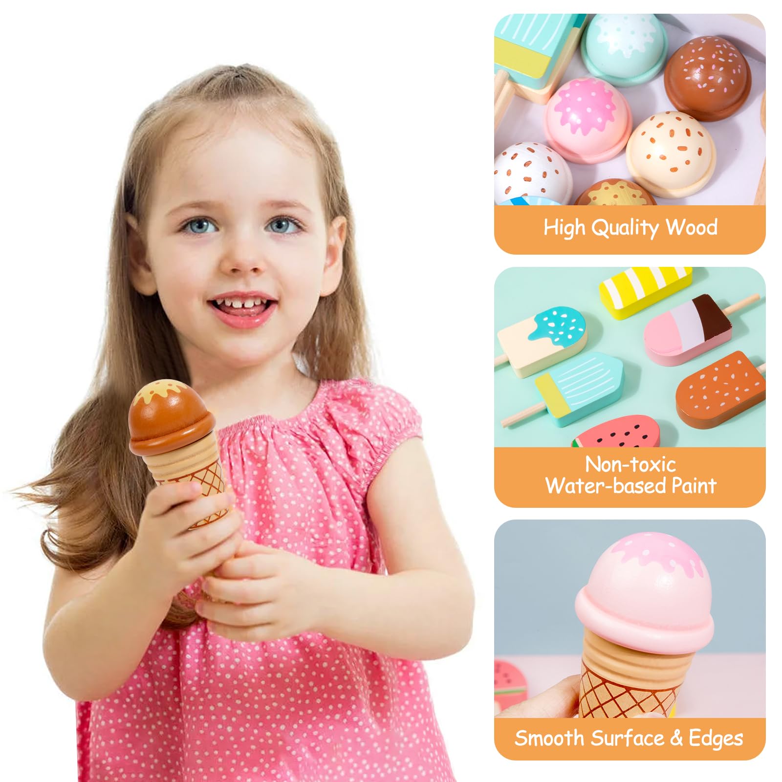 Wooden Ice Cream Set Counter Toy for Toddlers, Wooden Play Food Kitchen Accessories, Pretend Play Ice Cream Shop Toys for Kids Ages 3+, Play Store with Fake Money & Coin