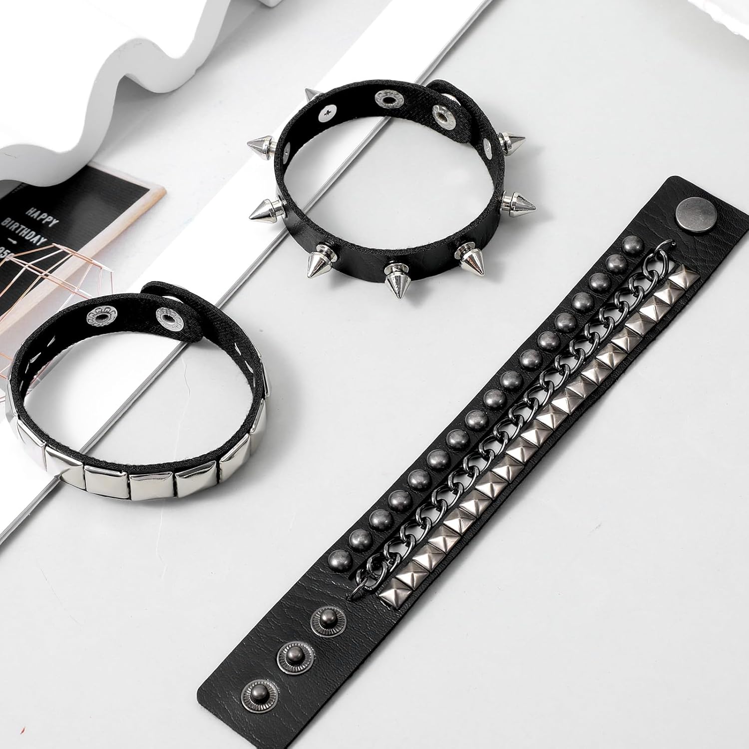 Bremorou Spiked Bracelet Set 3 Piece Punk Rock Studded Leather Cuff Bracelets Goth Jewelry Accessories For Cool Rocker Skater Biker Men & Women Adjustable Black Studded Arm Bands Wristband - Image 3