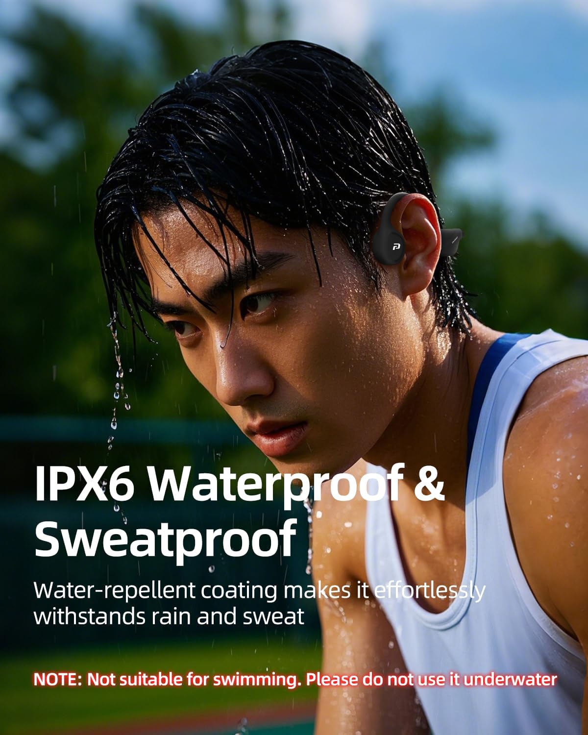 Person with wet hair wearing POLVCDG bone conduction headphones, demonstrating their IPX6 waterproof feature.