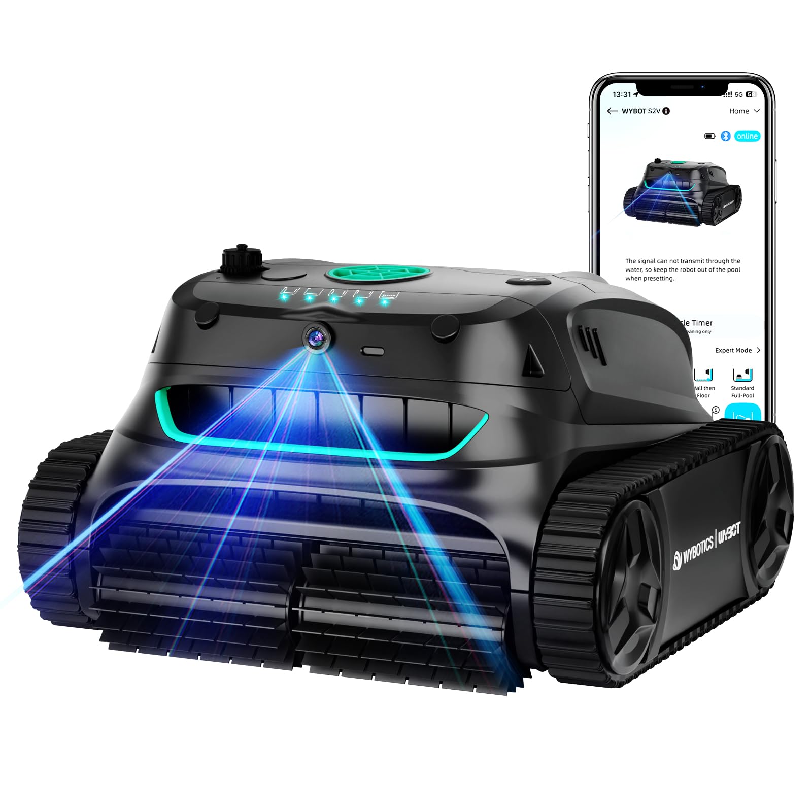 WYBOT S2 Vision AI Camera Cordless Pool Cleaners for Inground Pools, 8-in-1 Pool Vacuum Robot, Brushless Motor Powerful Suction, Wall Climbing, Horizontal Waterline Scrubbing (Black Green)-image-3