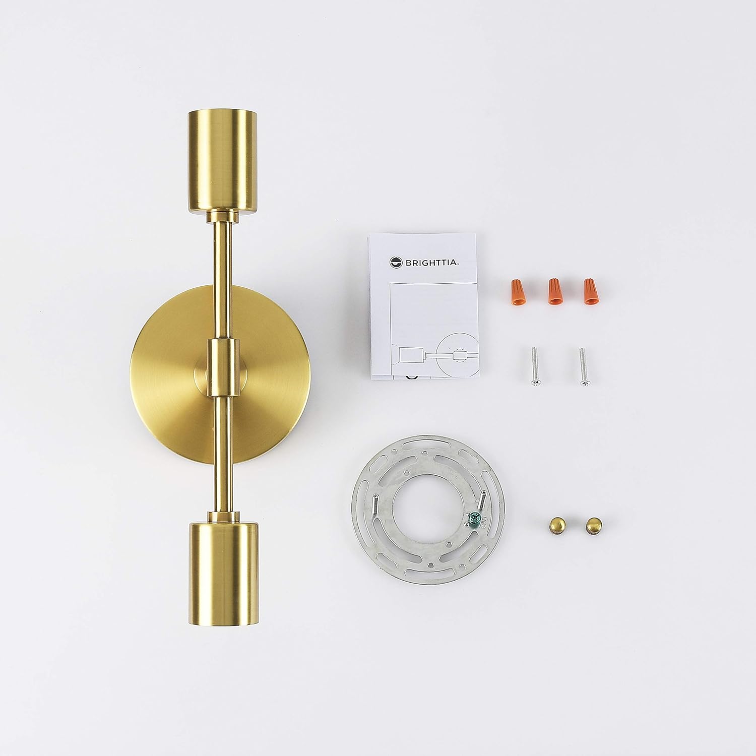 BRIGHTTIA 2 Light Wall Sconce - Modern Minimalist Bathroom Vanity and Hallway Lighting - Mid Century Industrial Exposed Bulb Wall Lamp - Flush Mount Fixture - Brushed Gold (BW0023-2G)