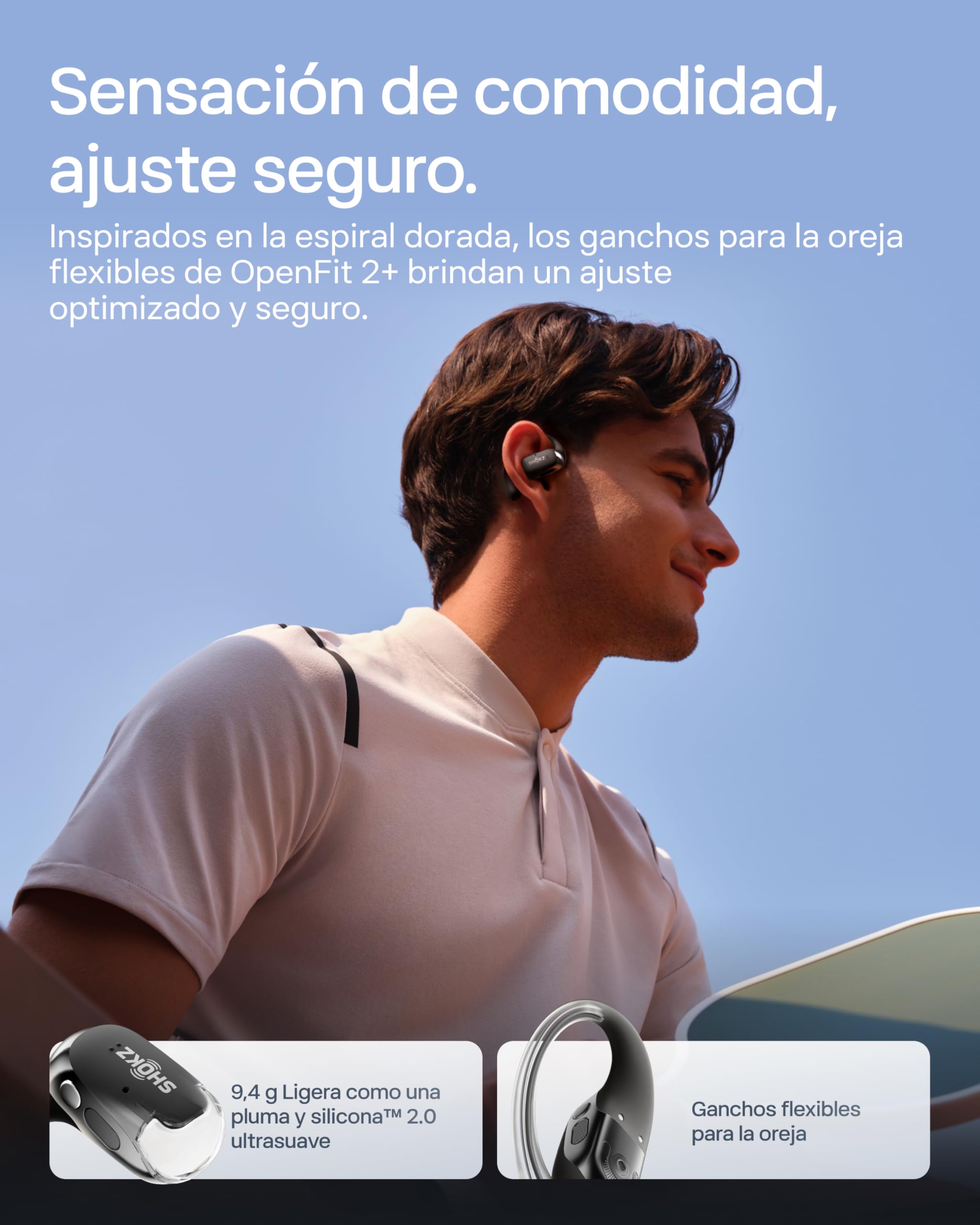 SHOKZ OpenFit 2+ Auriculares Gancho Open-Ear,Dolby Audio, 48h de Uso, Negro | Auriculares Bluetooth con Mic. | Resistencia al Agua IP55 | Carga inalámbrica | Carga rápida | con Bolsa de Transporte