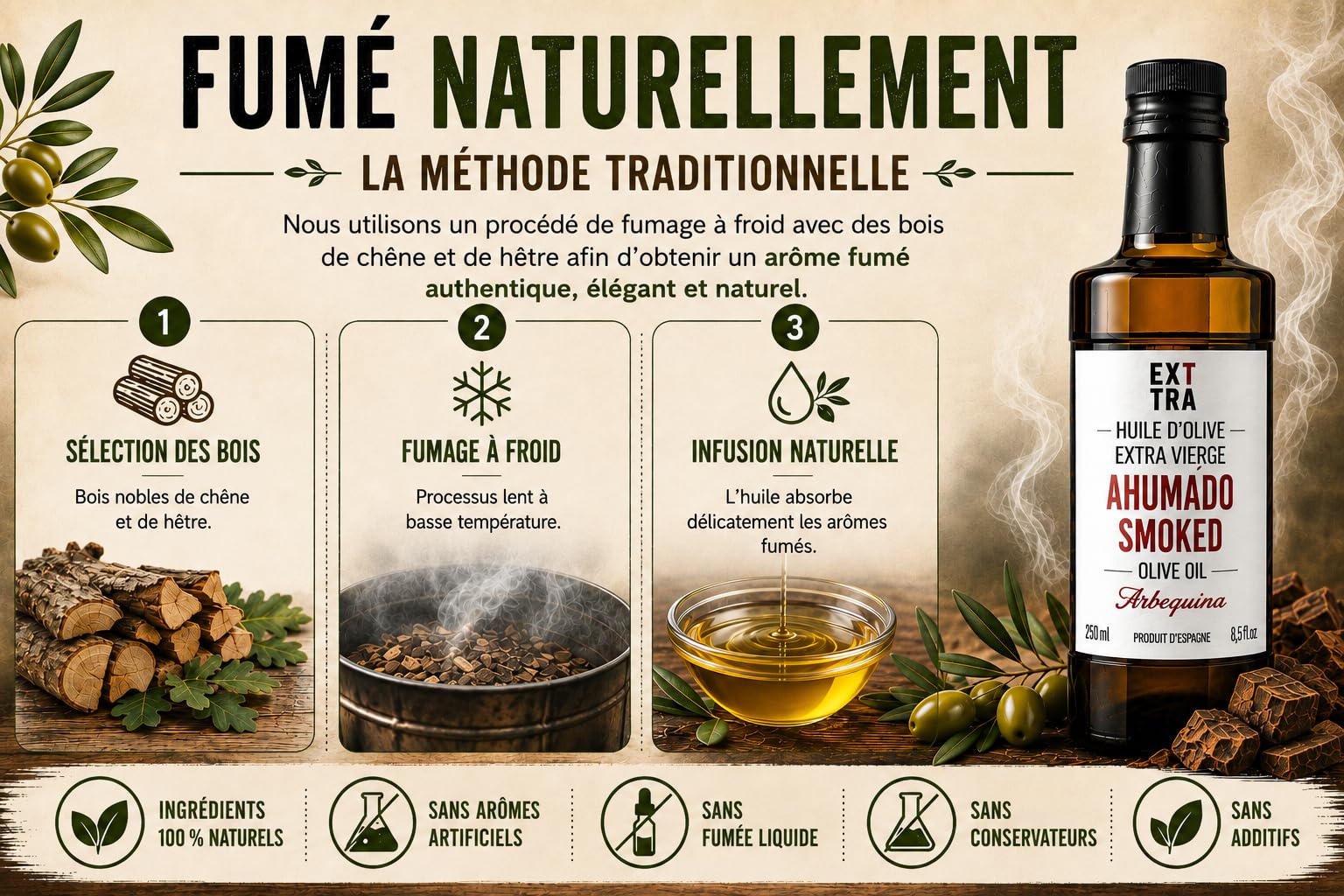 EXTTRA | Huile d'olive extra vierge fumée naturellement, huile espagnole fumée à froid au bois de chêne et de hêtre, huile gourmande pour la finition des viandes, poissons et légumes, 250 ml