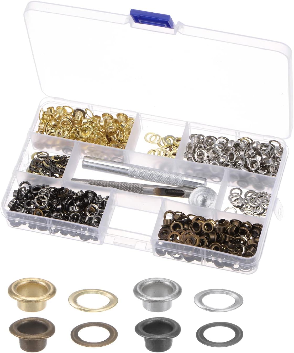 HARFINGTON 400 Set Grommet Eyelets Grommet Tool Kit Multi-Color 5mm 3/16 Inch Metal Grommet Kit with 3pcs Installation Tools & Storage Box for Shoes Clothes Leather DIY