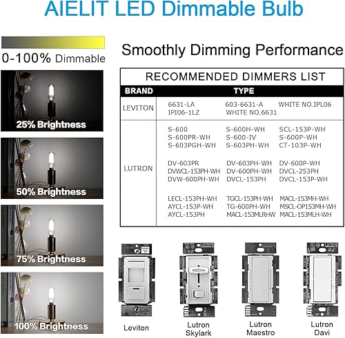 Miniatura 12 de Bombilla LED E12 (regulable 0 – 100%), bombillas de luz T8 de Aielit, 4 W equivalentes a 40 W incandescente, filamento vintage, bombilla de 4 W = 40