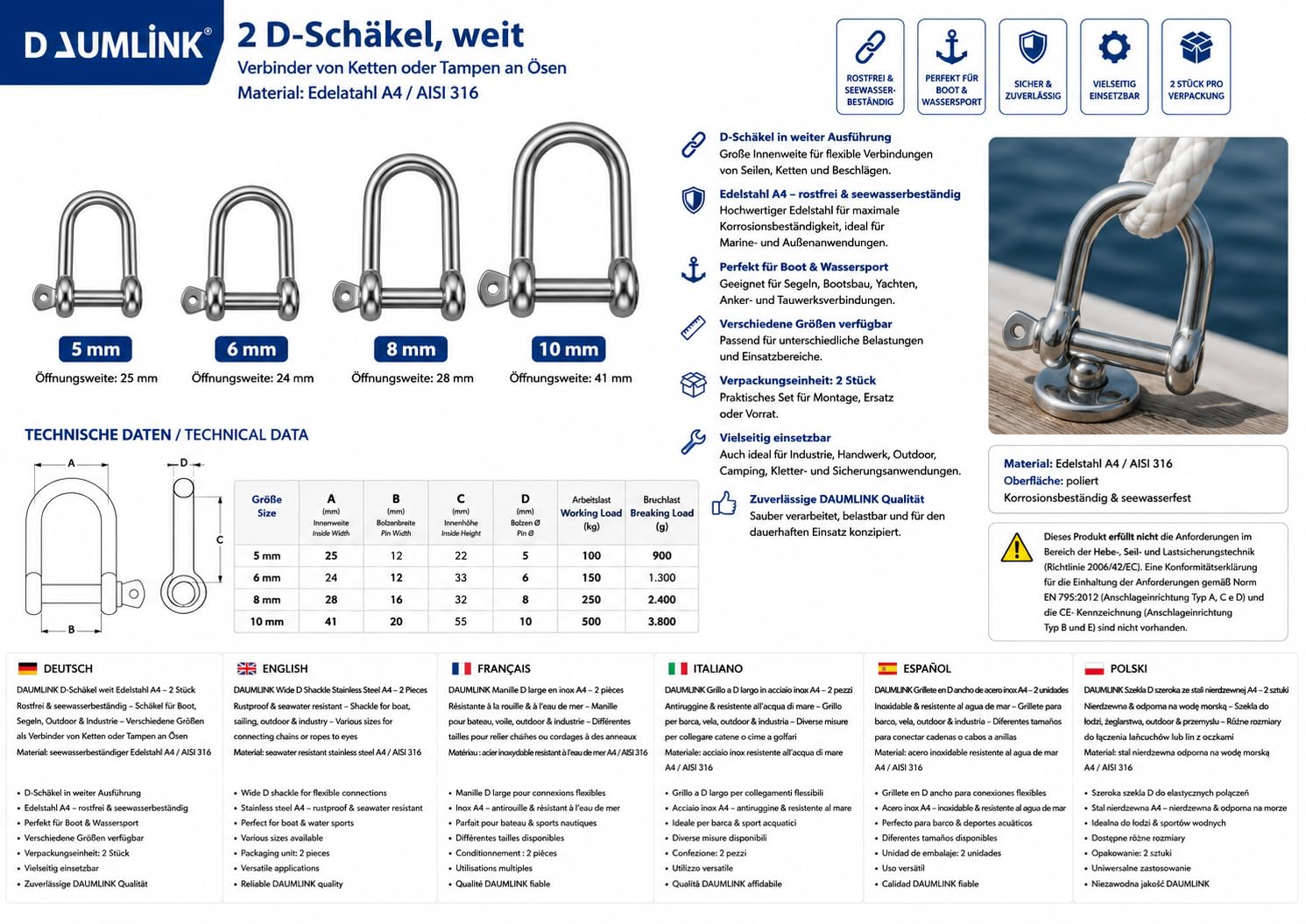 Grillo a D largo – Acciaio inox A4 (AISI 316) | Connettore robusto per catene e cime | Accessorio nautico resistente alla corrosione | Set da 2 – varie misure (6 mm)