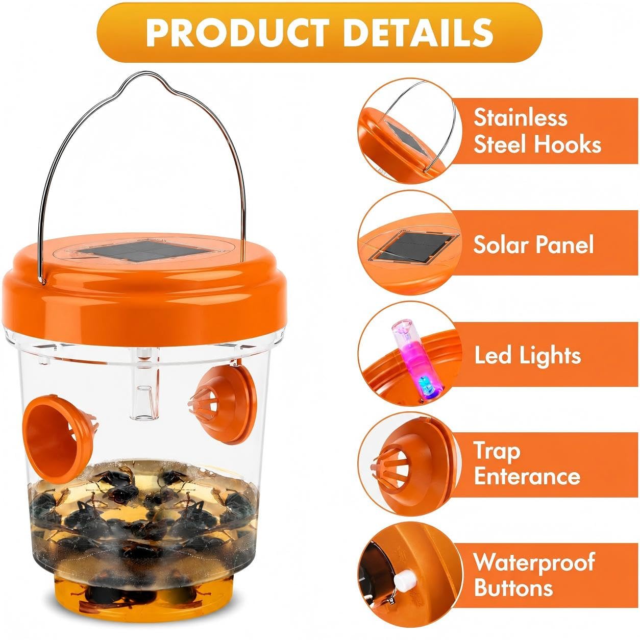 Lot de 4 pièges à guêpes d'extérieur à suspendre, à énergie solaire, pièges à frelons jaunes, réutilisables, attrape-guêpes d'abeilles pour jardin, terrasse, cour, verger