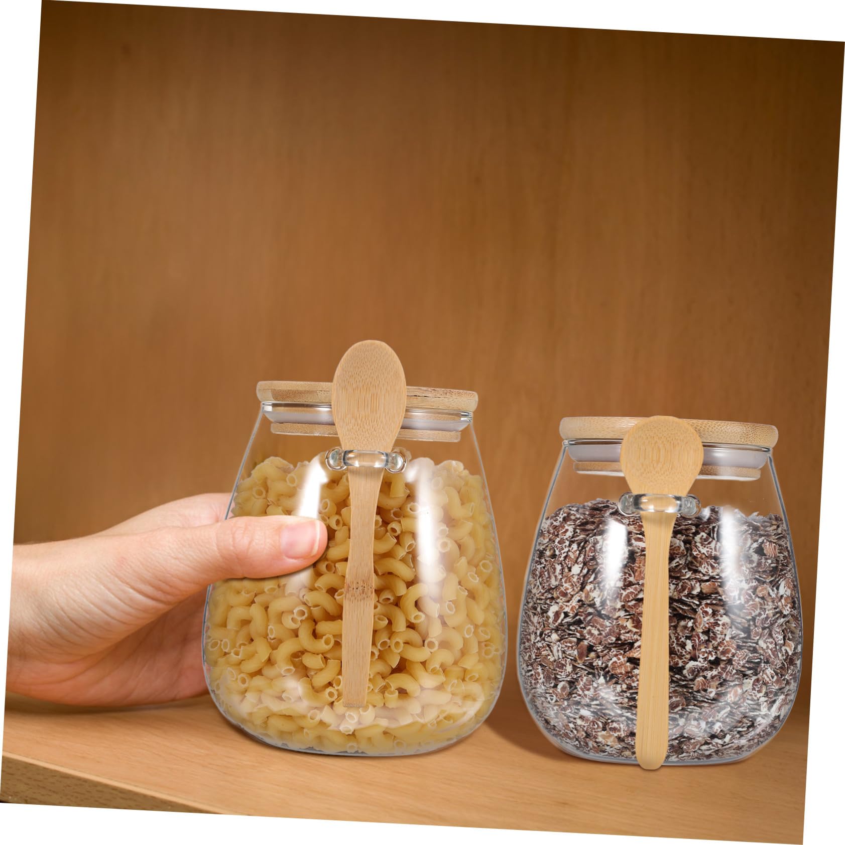 3 Stück Teiliges Glas Vorratsgläser mit Holzdeckel und Löffel Transparente Tee Gewürzbehälter in Verschiedenen Luftdicht Verschließbar für Frische Zutaten
