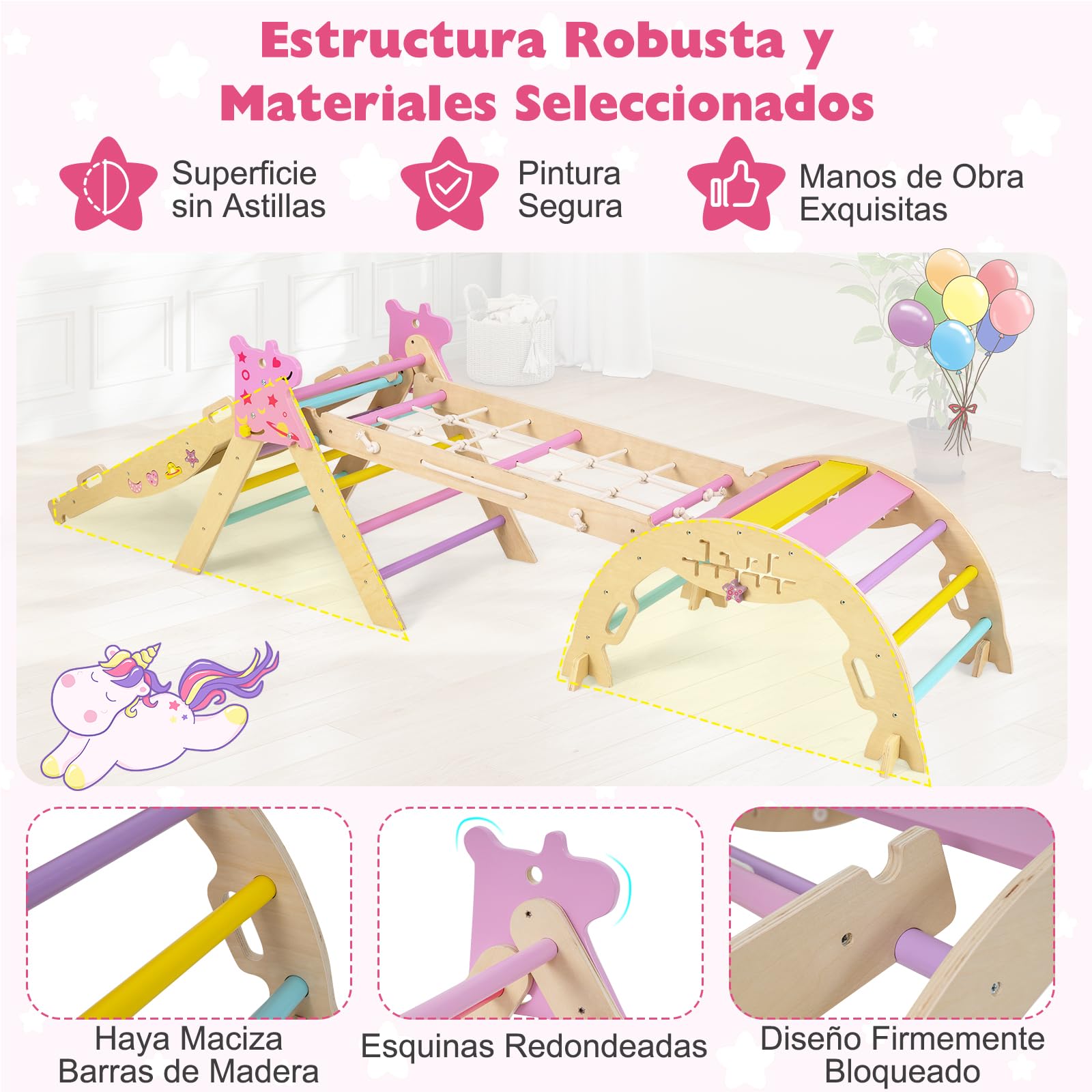 GOPLUS Triángulo de Escalada 9 en 1, Montessori Escalador Infantil Plegable con Tobogán, Estructura de Escalada con Arco, Rampa, Slide Aprendizaje para Niños de 1+ Año, Carga 50KG (Macaron,Unicornio)