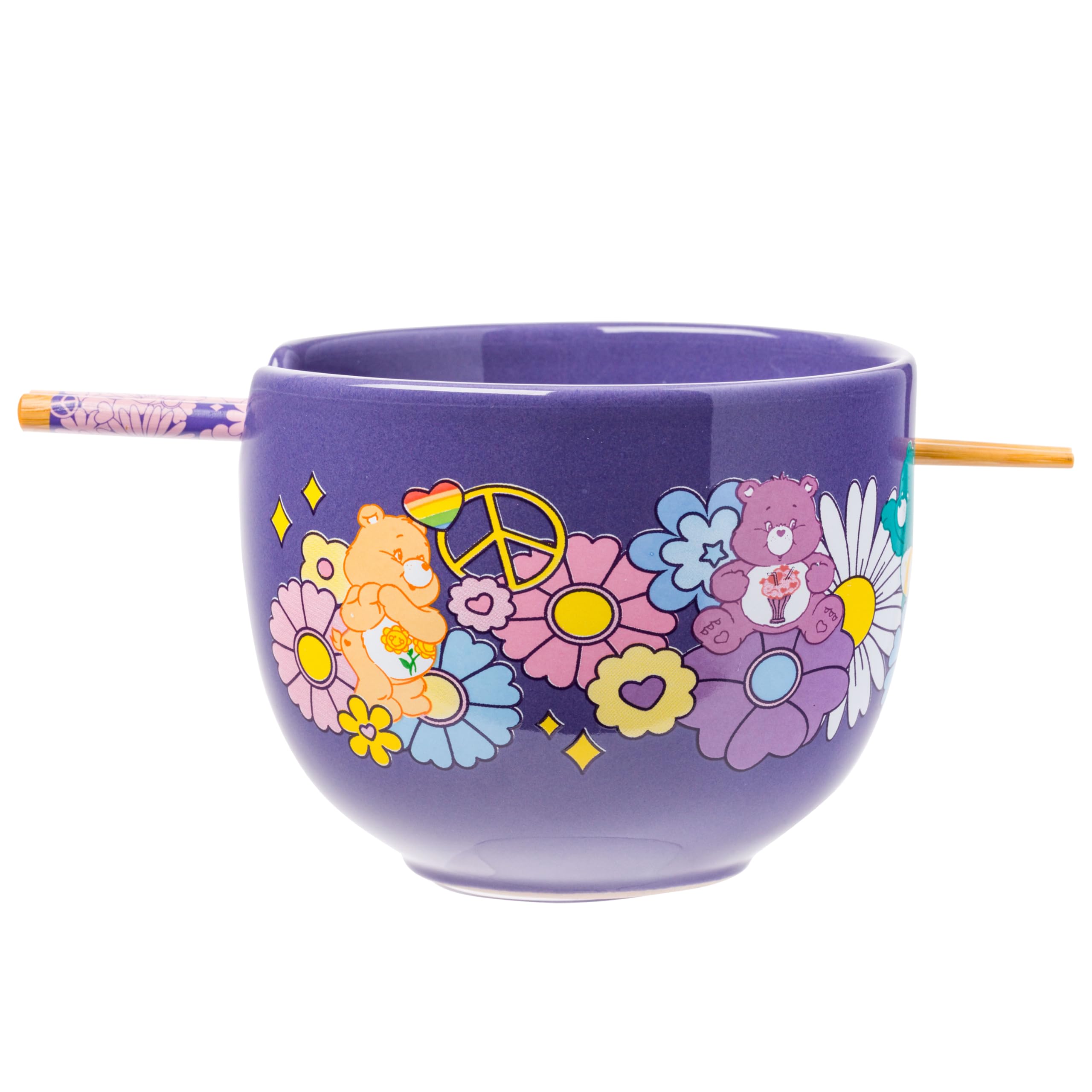 Buffalo Care Bears Flower Power Clouds Featuring Funshine, Tenderheart, and Cheer Ceramic Ramen Noodle Rice Bowl with Chopsticks, 20 Ounces, Microwave Safe, CG1825KD