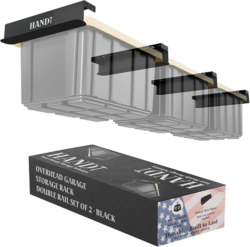 HANDT Overhead Garage Storage Rack - Connectable Heavy Duty Ceiling Rails for Tote Bins, 100lb Capacity (2 Sets, Black) HANDT Overhead Garage Storage Rack - Connectable Heavy Duty Ceiling Rails for Tote Bins, 100lb Capacity (2 Sets, Black)